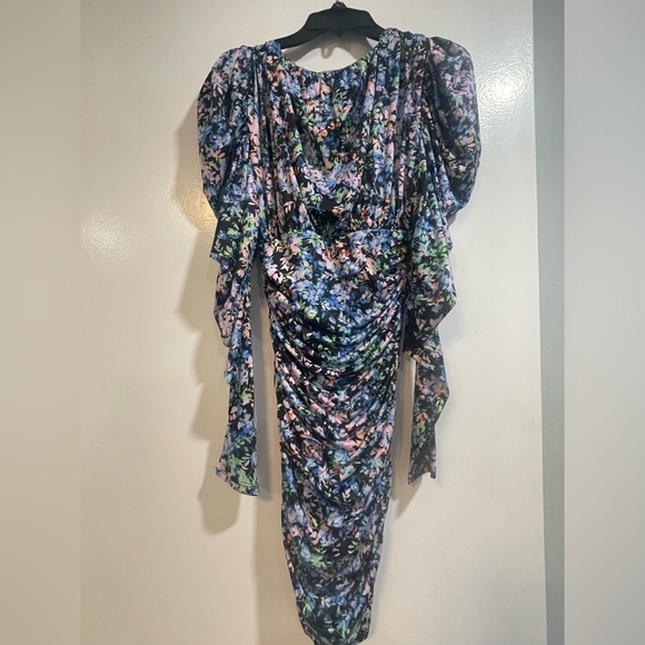 AFRM  Ruched Deep V Neck Floral Stretch Mini Dress Puff Sleeve - Picture 4 of 5